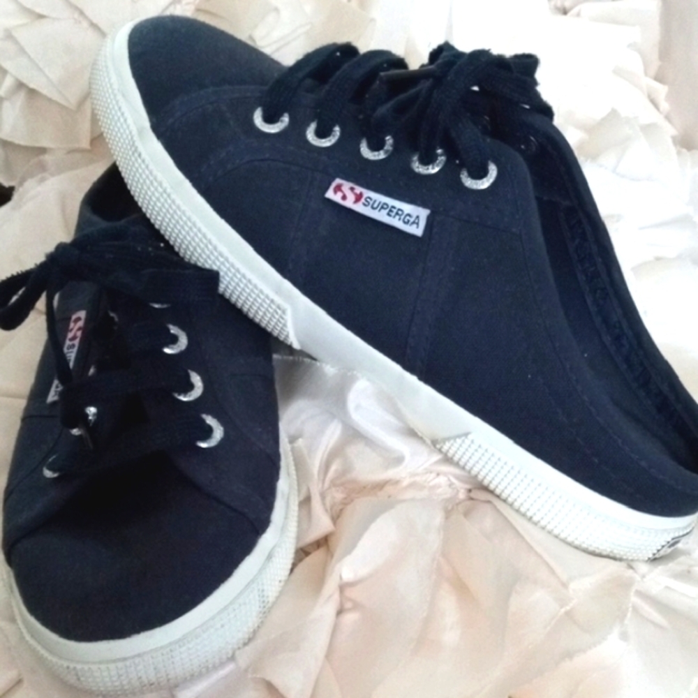 Superga Slide on Mule Style Dark Navy Blue Canvas Lace-Up Sneakers Size 6